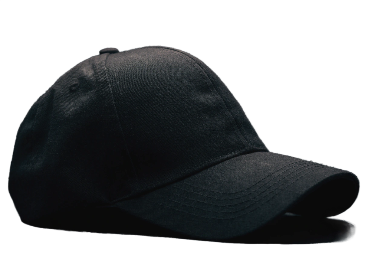 Plain black adjustable baseball cap with a curved brim on a black background